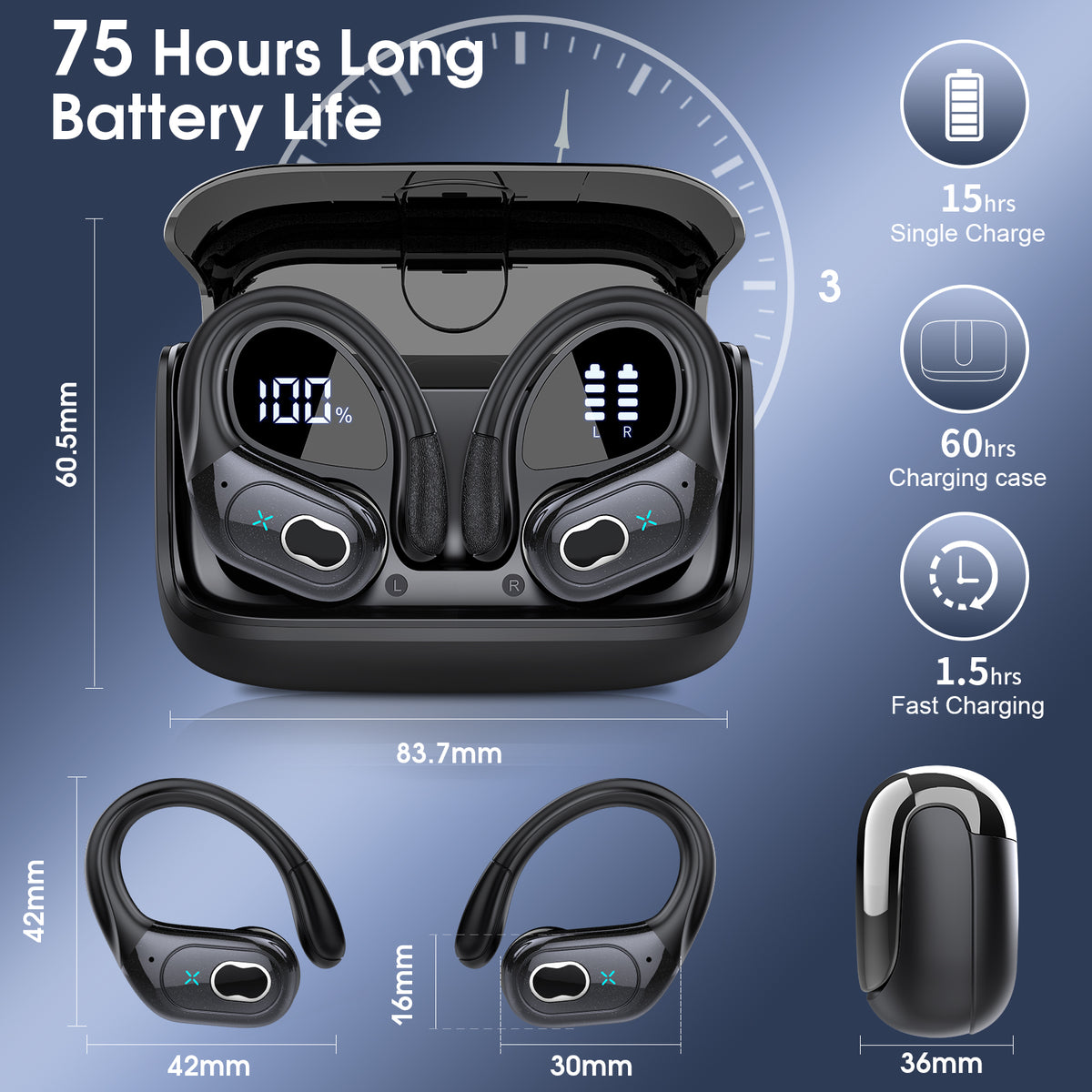 Wireless Earbuds 75H Bluetooth 5.4 Sport Headphones with Earhooks, Black, IPX7 Waterproof In-ear Buds Feature ENC Noise Cancelling Mic & Deep Bass. Stereo Sound Device for Gym Running Workout