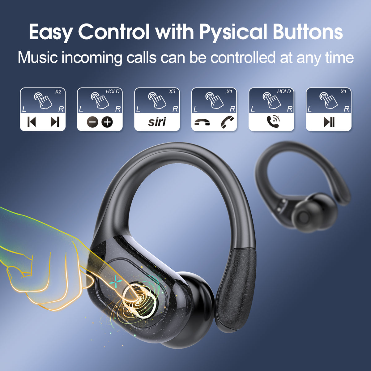 Wireless Earbuds 75H Bluetooth 5.4 Sport Headphones with Earhooks, Black, IPX7 Waterproof In-ear Buds Feature ENC Noise Cancelling Mic & Deep Bass. Stereo Sound Device for Gym Running Workout