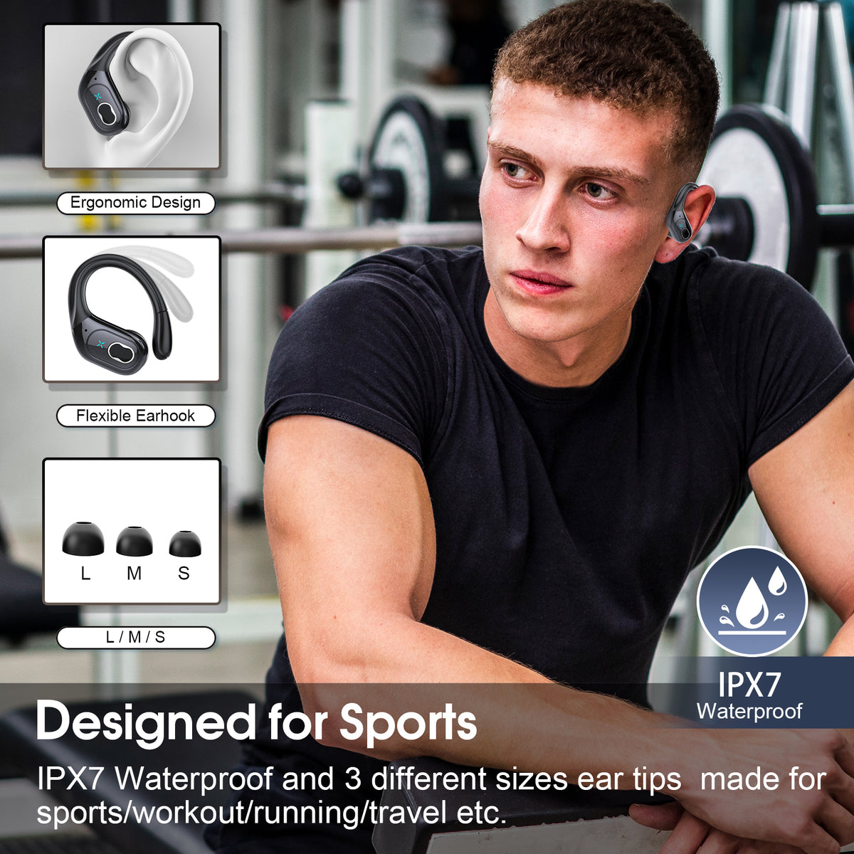 Wireless Earbuds 75H Bluetooth 5.4 Sport Headphones with Earhooks, Black, IPX7 Waterproof In-ear Buds Feature ENC Noise Cancelling Mic & Deep Bass. Stereo Sound Device for Gym Running Workout