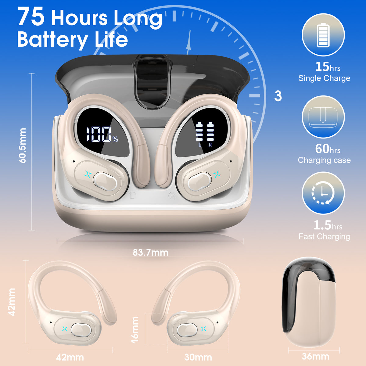 Wireless Earbuds 75H Bluetooth 5.4 Sport Headphones with Earhooks, Camel, IPX7 Waterproof In-ear Buds Feature ENC Noise Cancelling Mic & Deep Bass. Stereo Sound Device for Gym Running Workout