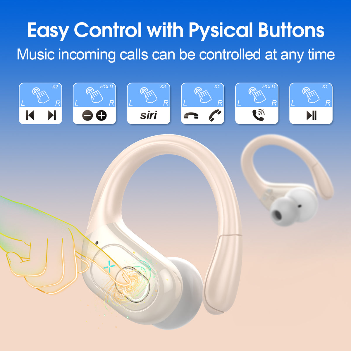 Wireless Earbuds 75H Bluetooth 5.4 Sport Headphones with Earhooks, Camel, IPX7 Waterproof In-ear Buds Feature ENC Noise Cancelling Mic & Deep Bass. Stereo Sound Device for Gym Running Workout