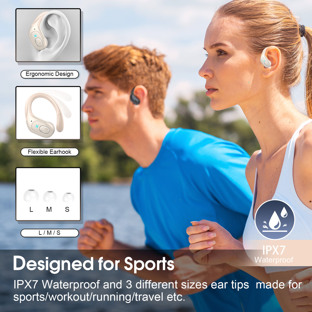 Wireless Earbuds 75H Bluetooth 5.4 Sport Headphones with Earhooks, Camel, IPX7 Waterproof In-ear Buds Feature ENC Noise Cancelling Mic & Deep Bass. Stereo Sound Device for Gym Running Workout