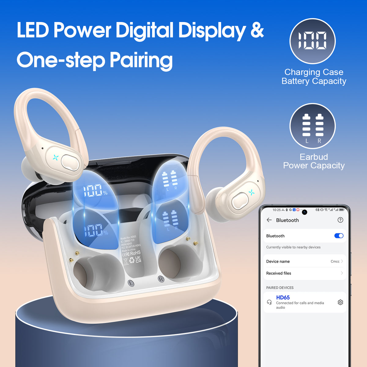 Wireless Earbuds 75H Bluetooth 5.4 Sport Headphones with Earhooks, Camel, IPX7 Waterproof In-ear Buds Feature ENC Noise Cancelling Mic & Deep Bass. Stereo Sound Device for Gym Running Workout