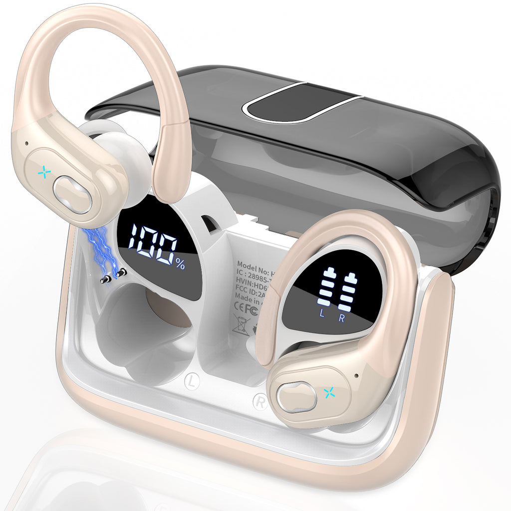 Wireless Earbuds 75H Bluetooth 5.4 Sport Headphones with Earhooks, Camel, IPX7 Waterproof In-ear Buds Feature ENC Noise Cancelling Mic & Deep Bass. Stereo Sound Device for Gym Running Workout