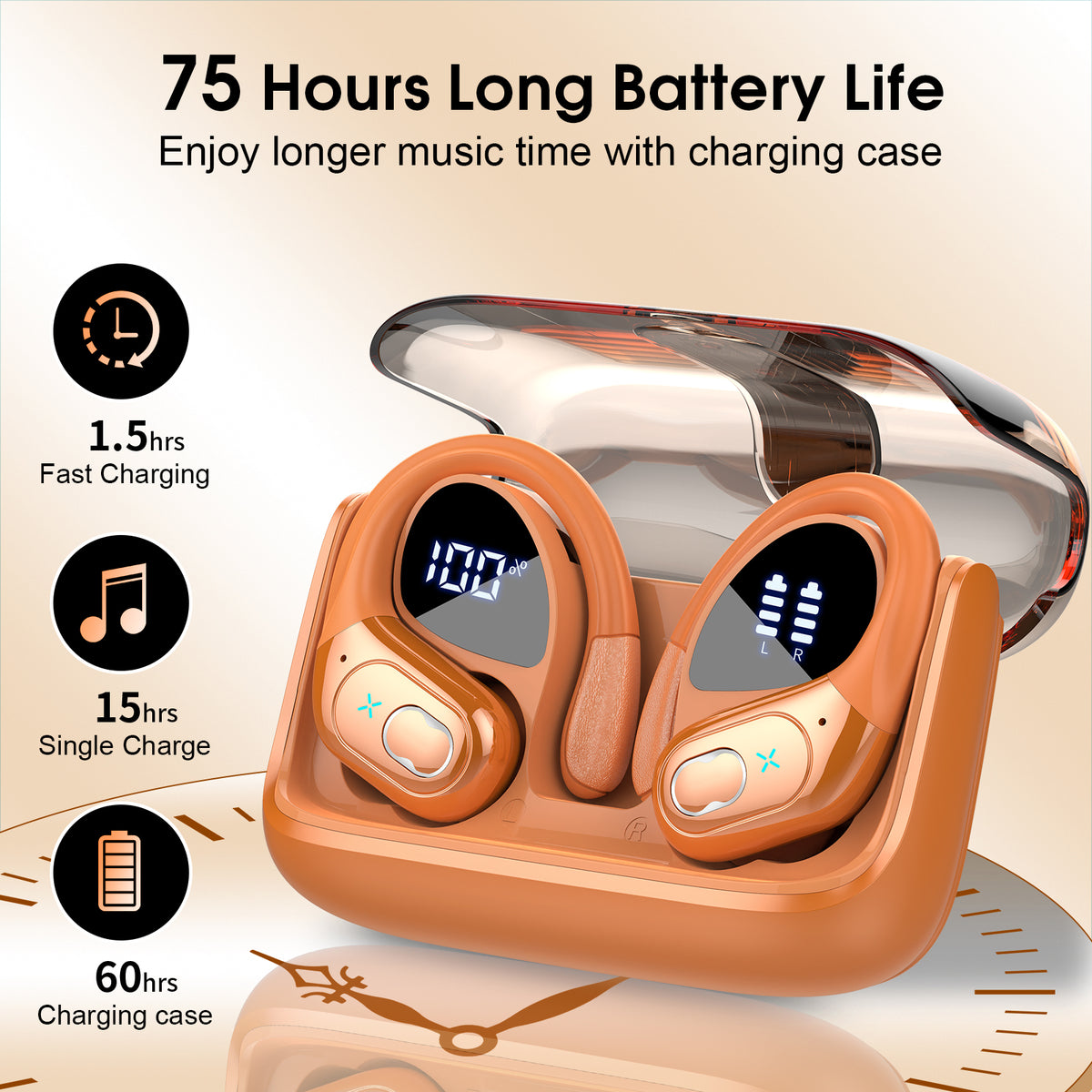 Wireless Earbuds 75H Bluetooth 5.4 Sport Headphones with Earhooks, IPX7 Waterproof In-ear Buds Feature ENC Noise Cancelling Mic. Stereo Sound Device for Gym Running Workout, Cosmic Orange