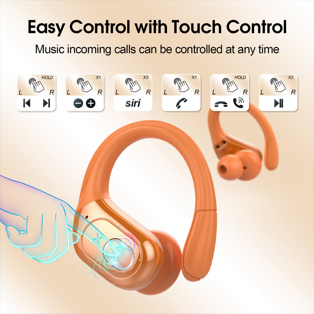 Wireless Earbuds 75H Bluetooth 5.4 Sport Headphones with Earhooks, IPX7 Waterproof In-ear Buds Feature ENC Noise Cancelling Mic. Stereo Sound Device for Gym Running Workout, Cosmic Orange