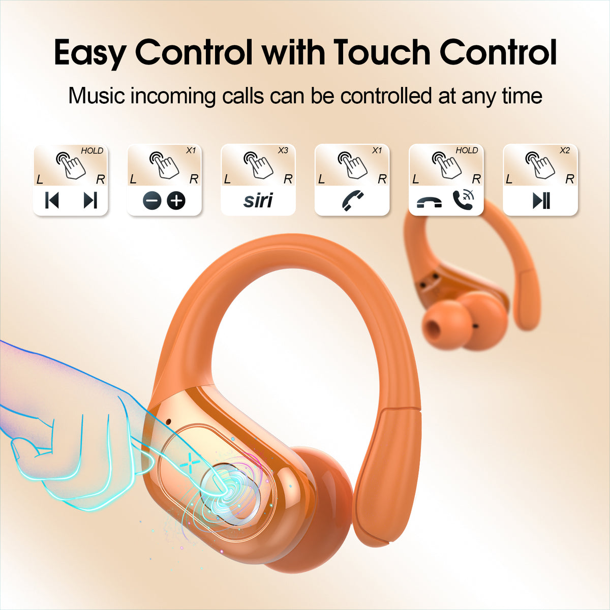 Wireless Earbuds 75H Bluetooth 5.4 Sport Headphones with Earhooks, IPX7 Waterproof In-ear Buds Feature ENC Noise Cancelling Mic. Stereo Sound Device for Gym Running Workout, Cosmic Orange