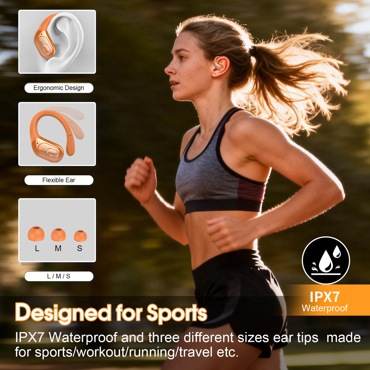 Wireless Earbuds 75H Bluetooth 5.4 Sport Headphones with Earhooks, IPX7 Waterproof In-ear Buds Feature ENC Noise Cancelling Mic. Stereo Sound Device for Gym Running Workout, Cosmic Orange