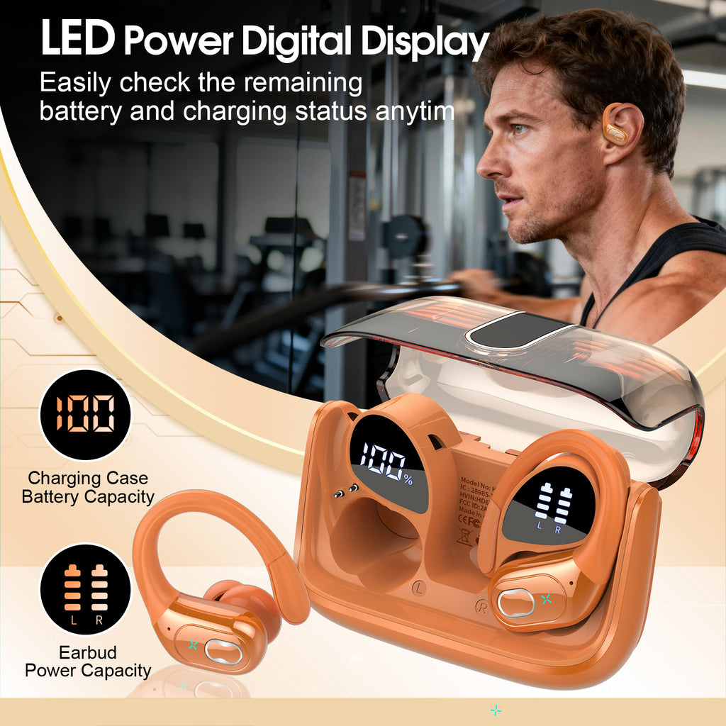 Wireless Earbuds 75H Bluetooth 5.4 Sport Headphones with Earhooks, IPX7 Waterproof In-ear Buds Feature ENC Noise Cancelling Mic. Stereo Sound Device for Gym Running Workout, Cosmic Orange
