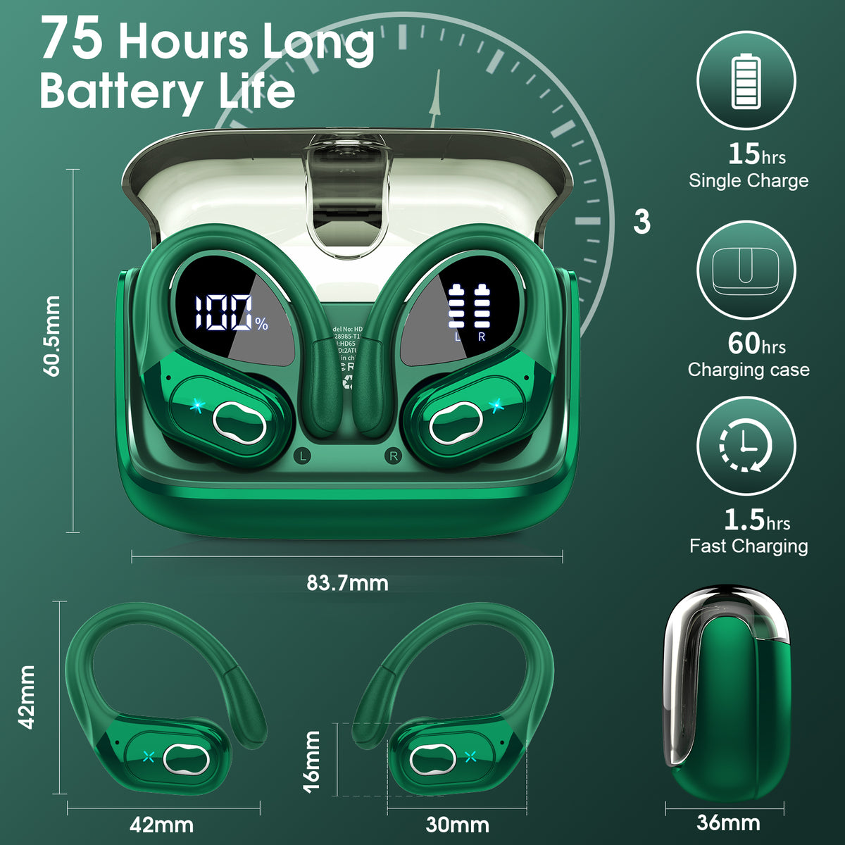 Wireless Earbuds 75H Bluetooth 5.4 Sport Headphones with Earhooks, IPX7 Waterproof In-ear Buds Feature ENC Noise Cancelling Mic. Stereo Sound Device for Gym Running Workout, Dark Green
