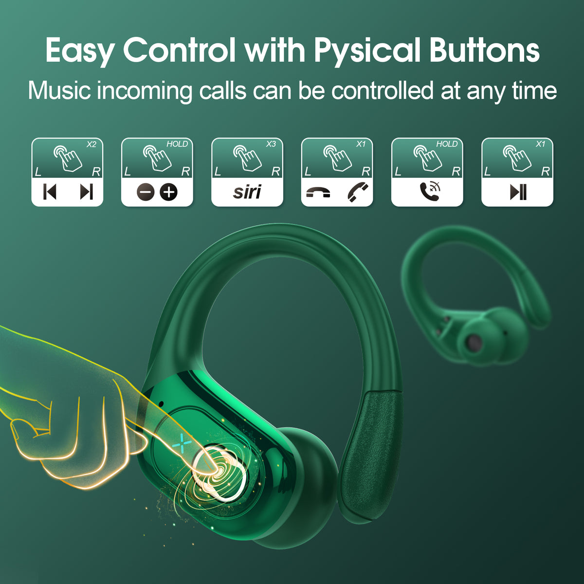 Wireless Earbuds 75H Bluetooth 5.4 Sport Headphones with Earhooks, IPX7 Waterproof In-ear Buds Feature ENC Noise Cancelling Mic. Stereo Sound Device for Gym Running Workout, Dark Green
