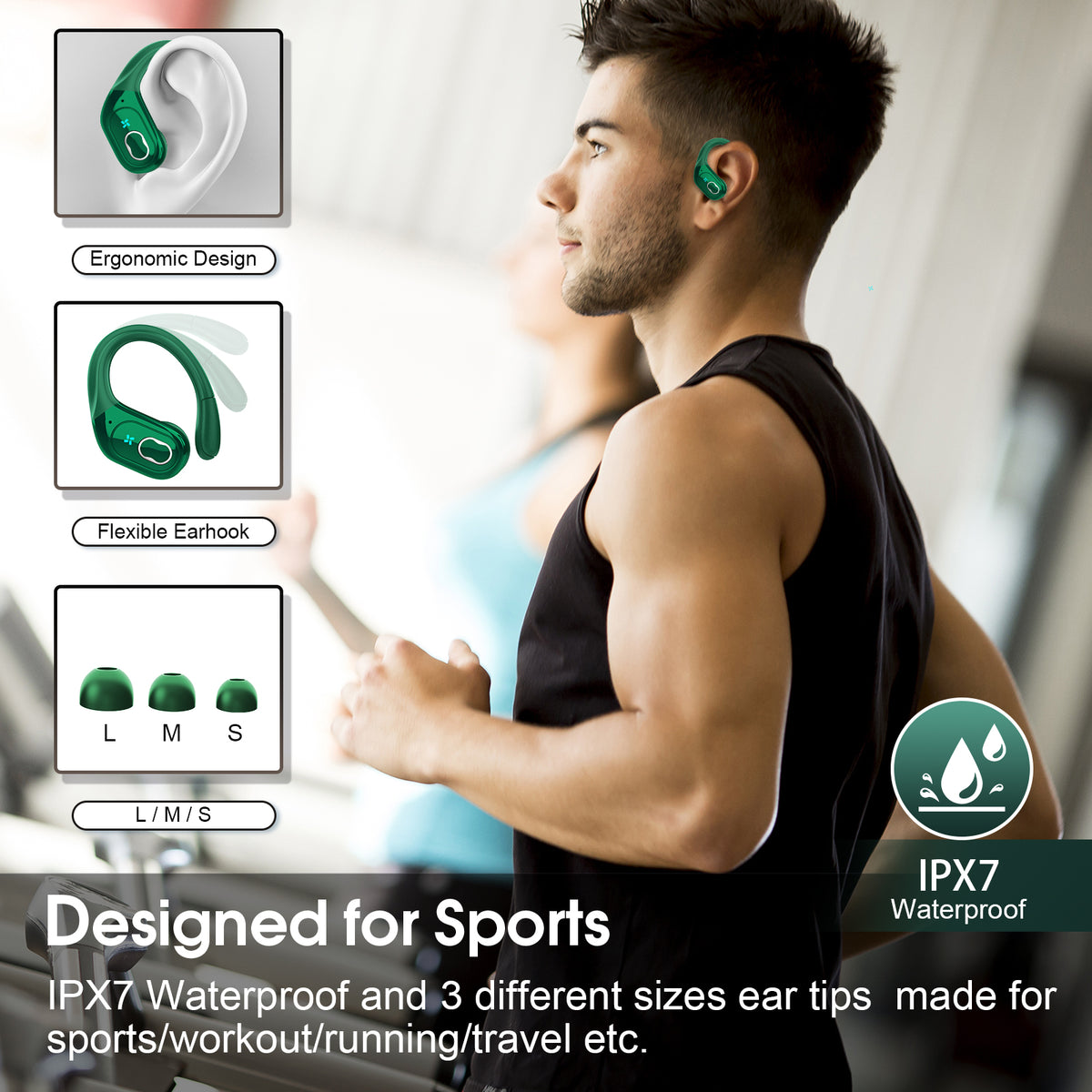 Wireless Earbuds 75H Bluetooth 5.4 Sport Headphones with Earhooks, IPX7 Waterproof In-ear Buds Feature ENC Noise Cancelling Mic. Stereo Sound Device for Gym Running Workout, Dark Green