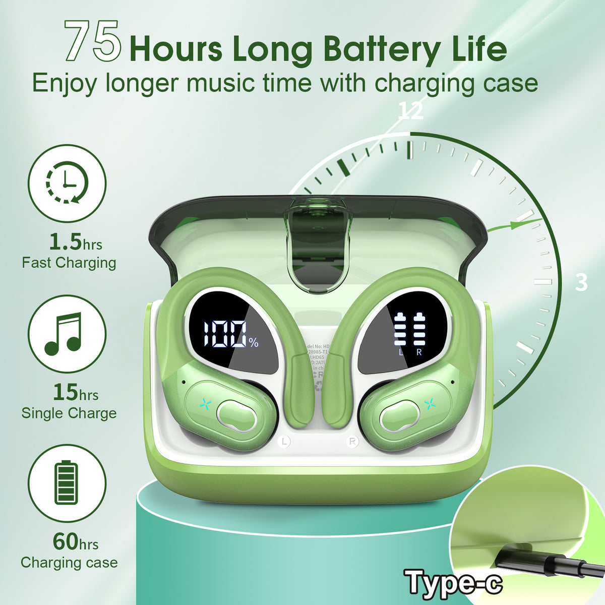 Wireless Earbuds 75H Bluetooth 5.4 Sport Headphones with Earhooks, Green, IPX7 Waterproof In-ear Buds Feature ENC Noise Cancelling Mic & Deep Bass. Stereo Sound Device for Gym Running Workout
