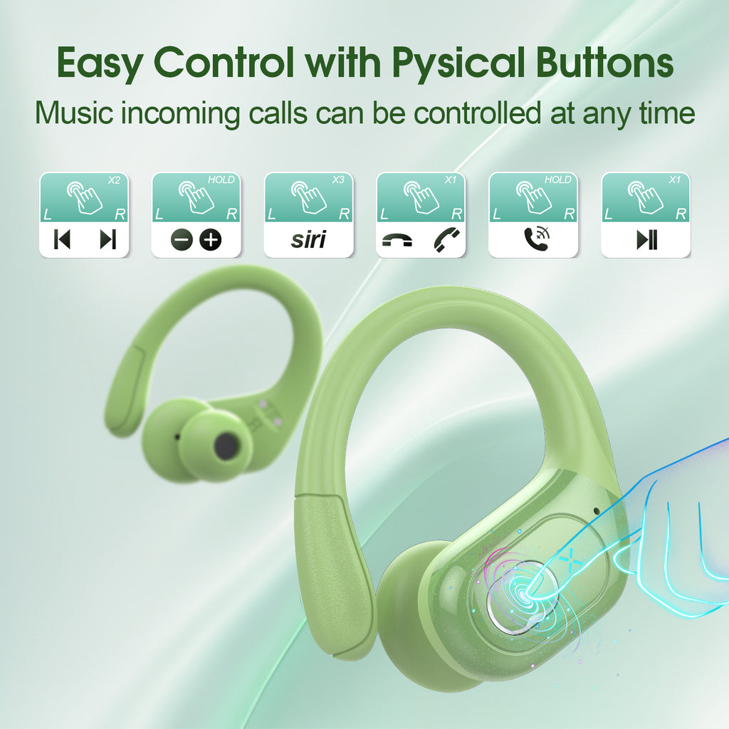 Wireless Earbuds 75H Bluetooth 5.4 Sport Headphones with Earhooks, Green, IPX7 Waterproof In-ear Buds Feature ENC Noise Cancelling Mic & Deep Bass. Stereo Sound Device for Gym Running Workout