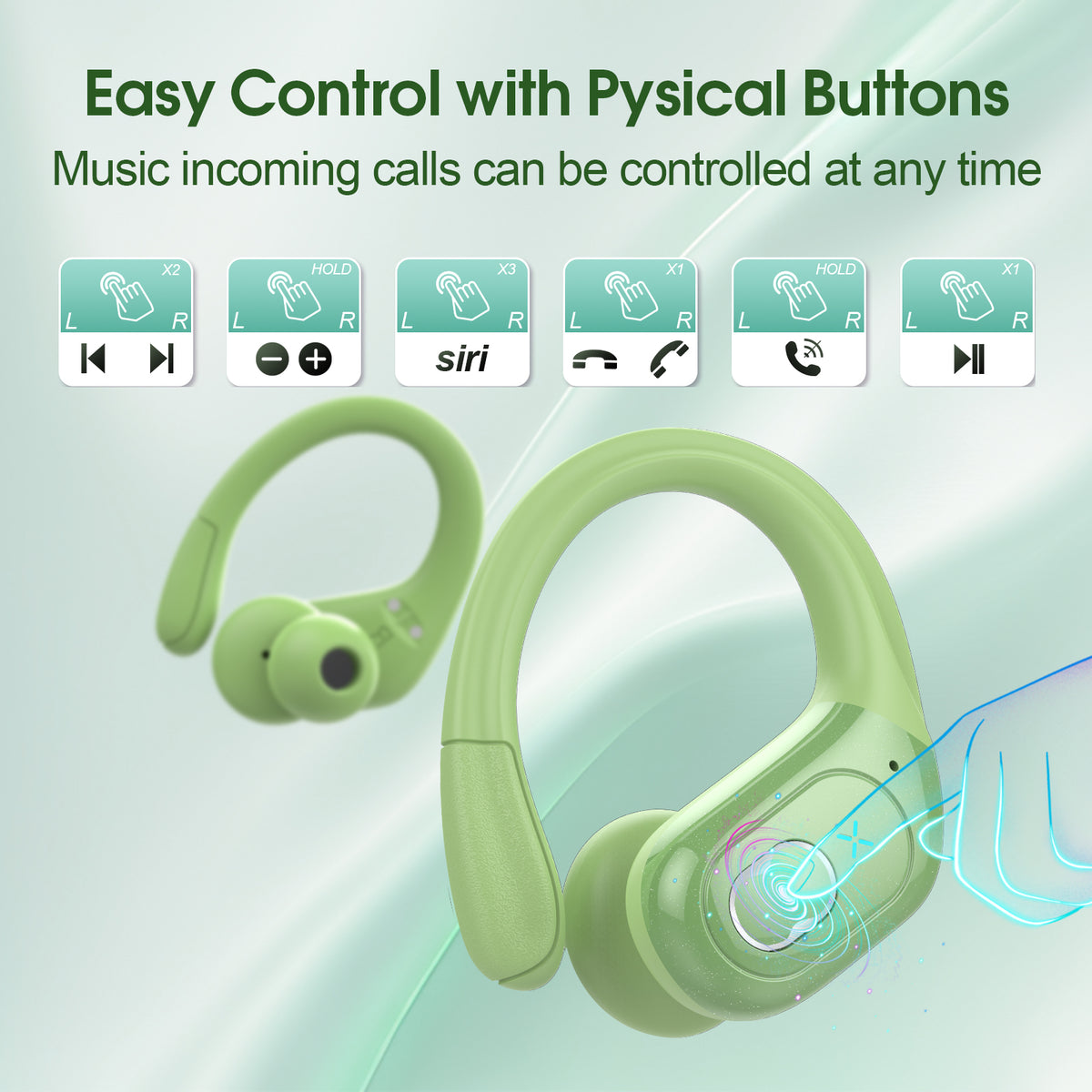 Wireless Earbuds 75H Bluetooth 5.4 Sport Headphones with Earhooks, Green, IPX7 Waterproof In-ear Buds Feature ENC Noise Cancelling Mic & Deep Bass. Stereo Sound Device for Gym Running Workout