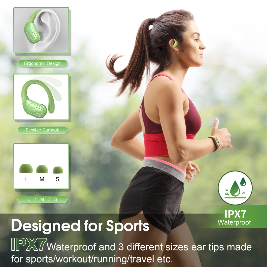 Wireless Earbuds 75H Bluetooth 5.4 Sport Headphones with Earhooks, Green, IPX7 Waterproof In-ear Buds Feature ENC Noise Cancelling Mic & Deep Bass. Stereo Sound Device for Gym Running Workout