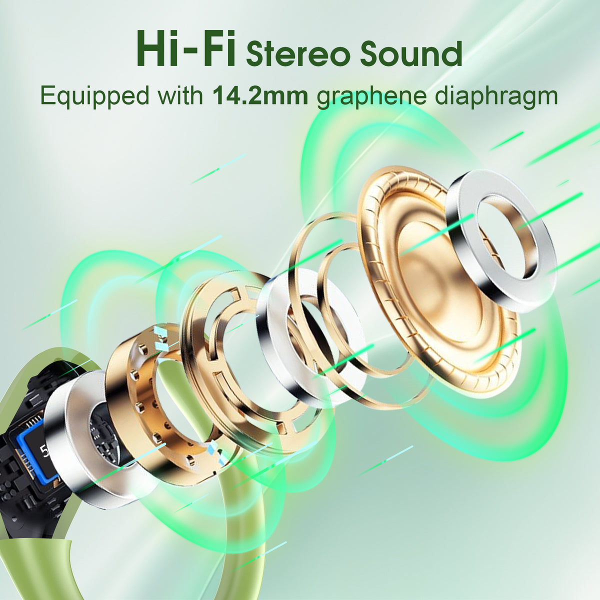 Wireless Earbuds 75H Bluetooth 5.4 Sport Headphones with Earhooks, Green, IPX7 Waterproof In-ear Buds Feature ENC Noise Cancelling Mic & Deep Bass. Stereo Sound Device for Gym Running Workout