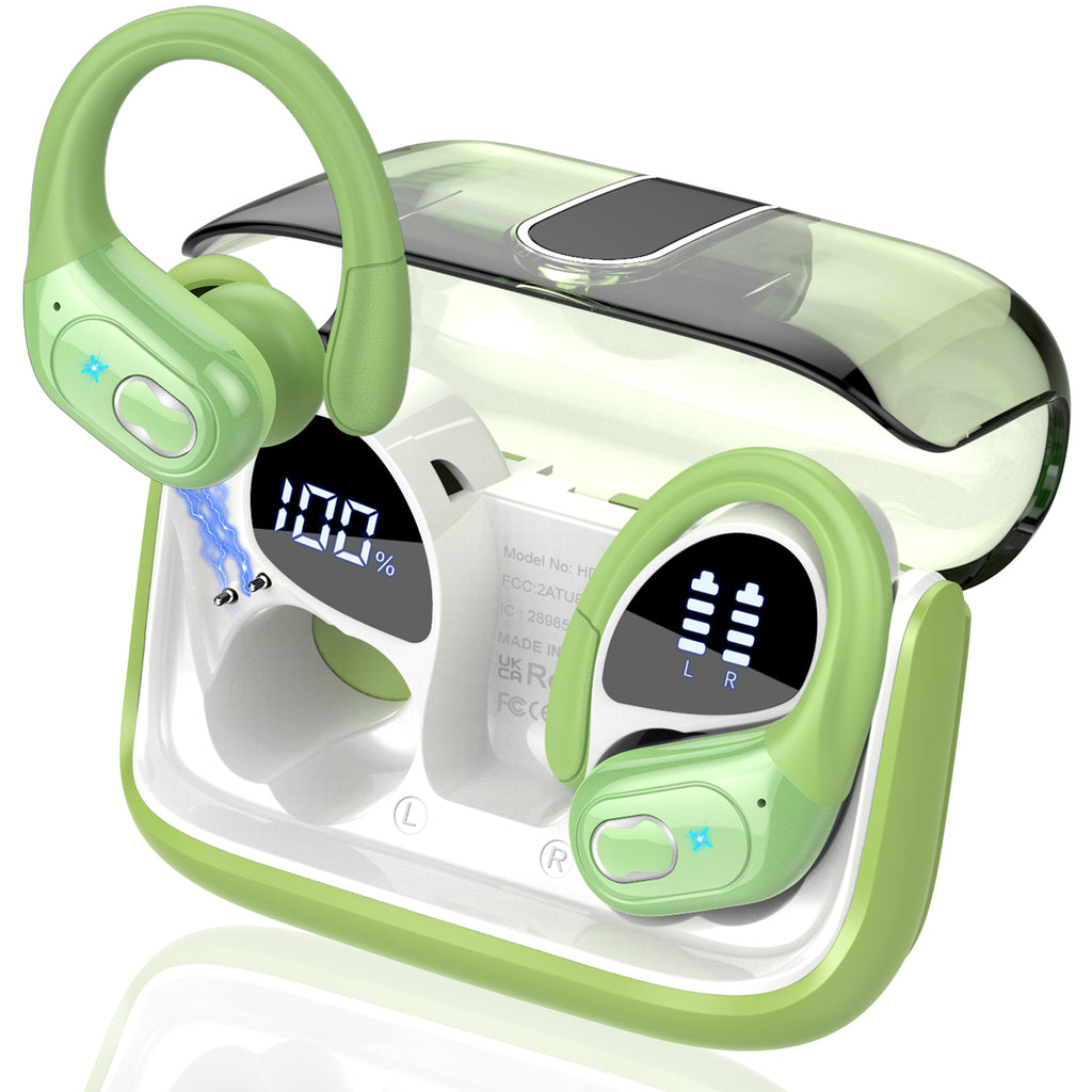 Wireless Earbuds 75H Bluetooth 5.4 Sport Headphones with Earhooks, Green, IPX7 Waterproof In-ear Buds Feature ENC Noise Cancelling Mic & Deep Bass. Stereo Sound Device for Gym Running Workout