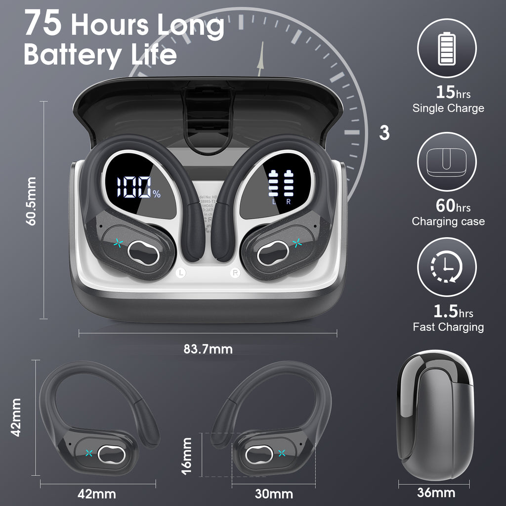 Wireless Earbuds 75H Bluetooth 5.4 Sport Headphones with Earhooks, IPX7 Waterproof In-ear Buds Feature ENC Noise Cancelling Mic. Stereo Sound Device for Gym Running Workout, Iron Gray