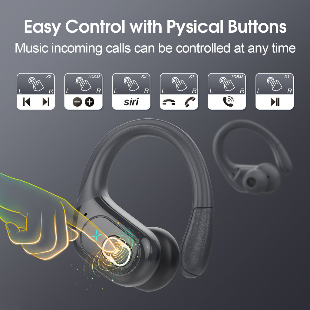 Wireless Earbuds 75H Bluetooth 5.4 Sport Headphones with Earhooks, IPX7 Waterproof In-ear Buds Feature ENC Noise Cancelling Mic. Stereo Sound Device for Gym Running Workout, Iron Gray