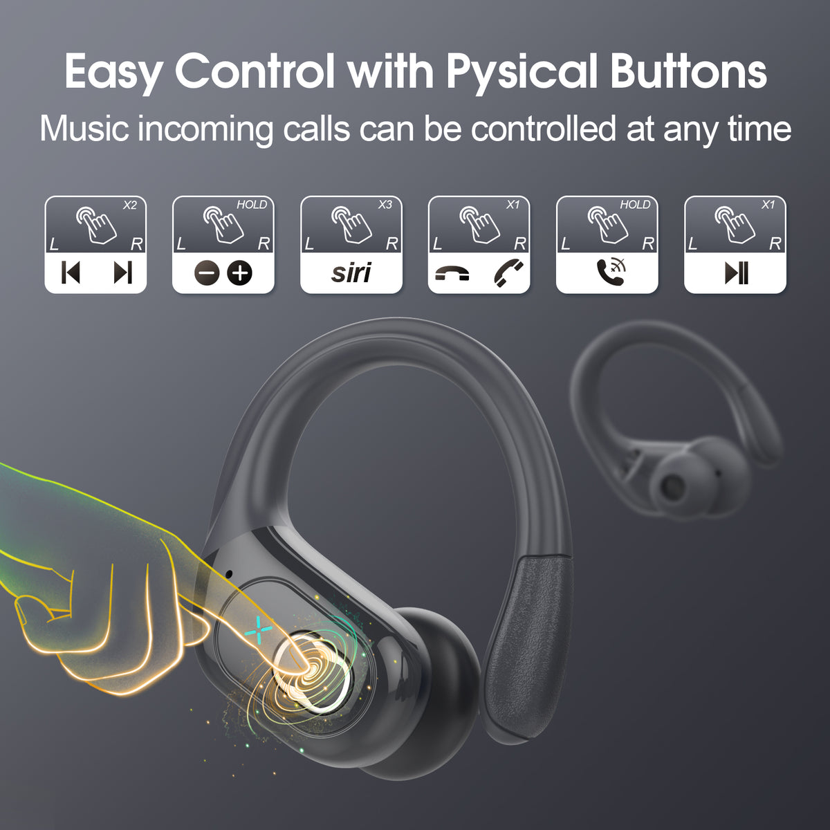 Wireless Earbuds 75H Bluetooth 5.4 Sport Headphones with Earhooks, IPX7 Waterproof In-ear Buds Feature ENC Noise Cancelling Mic. Stereo Sound Device for Gym Running Workout, Iron Gray