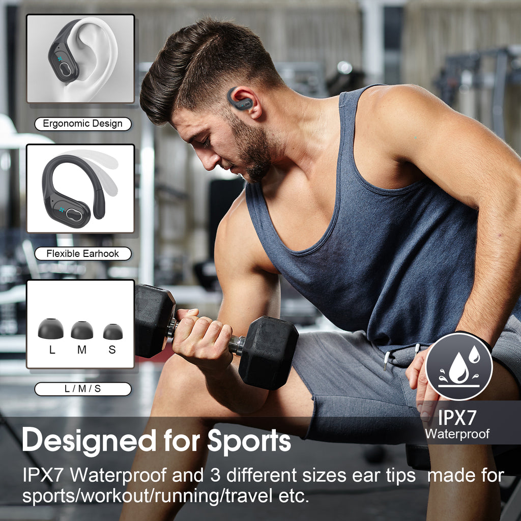 Wireless Earbuds 75H Bluetooth 5.4 Sport Headphones with Earhooks, IPX7 Waterproof In-ear Buds Feature ENC Noise Cancelling Mic. Stereo Sound Device for Gym Running Workout, Iron Gray