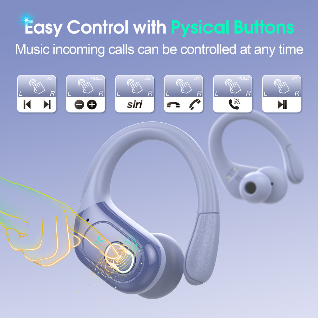 Wireless Earbuds 75H Bluetooth 5.4 Sport Headphones with Earhooks, IPX7 Waterproof In-ear Buds Feature ENC Noise Cancelling Mic. Stereo Sound Device for Gym Running Workout, Purple Blue