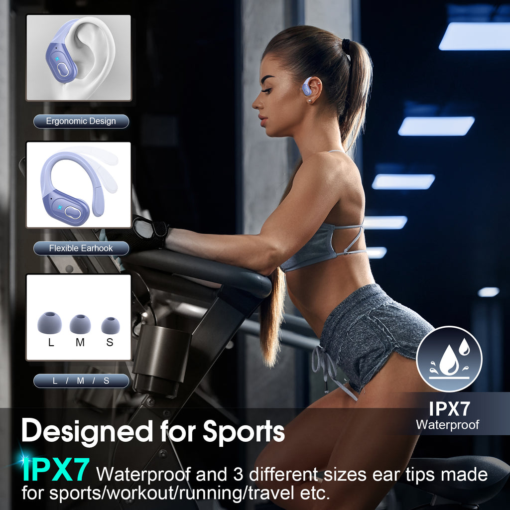 Wireless Earbuds 75H Bluetooth 5.4 Sport Headphones with Earhooks, IPX7 Waterproof In-ear Buds Feature ENC Noise Cancelling Mic. Stereo Sound Device for Gym Running Workout, Purple Blue