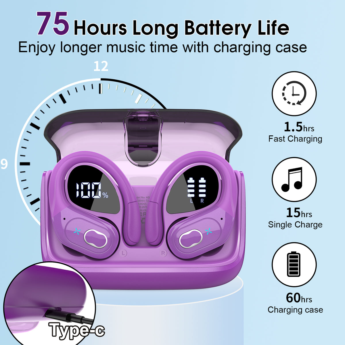 Wireless Earbuds 75H Bluetooth 5.4 Sport Headphones with Earhooks, Purple, IPX7 Waterproof In-ear Buds Feature ENC Noise Cancelling Mic & Deep Bass. Stereo Sound Device for Gym Running Workout