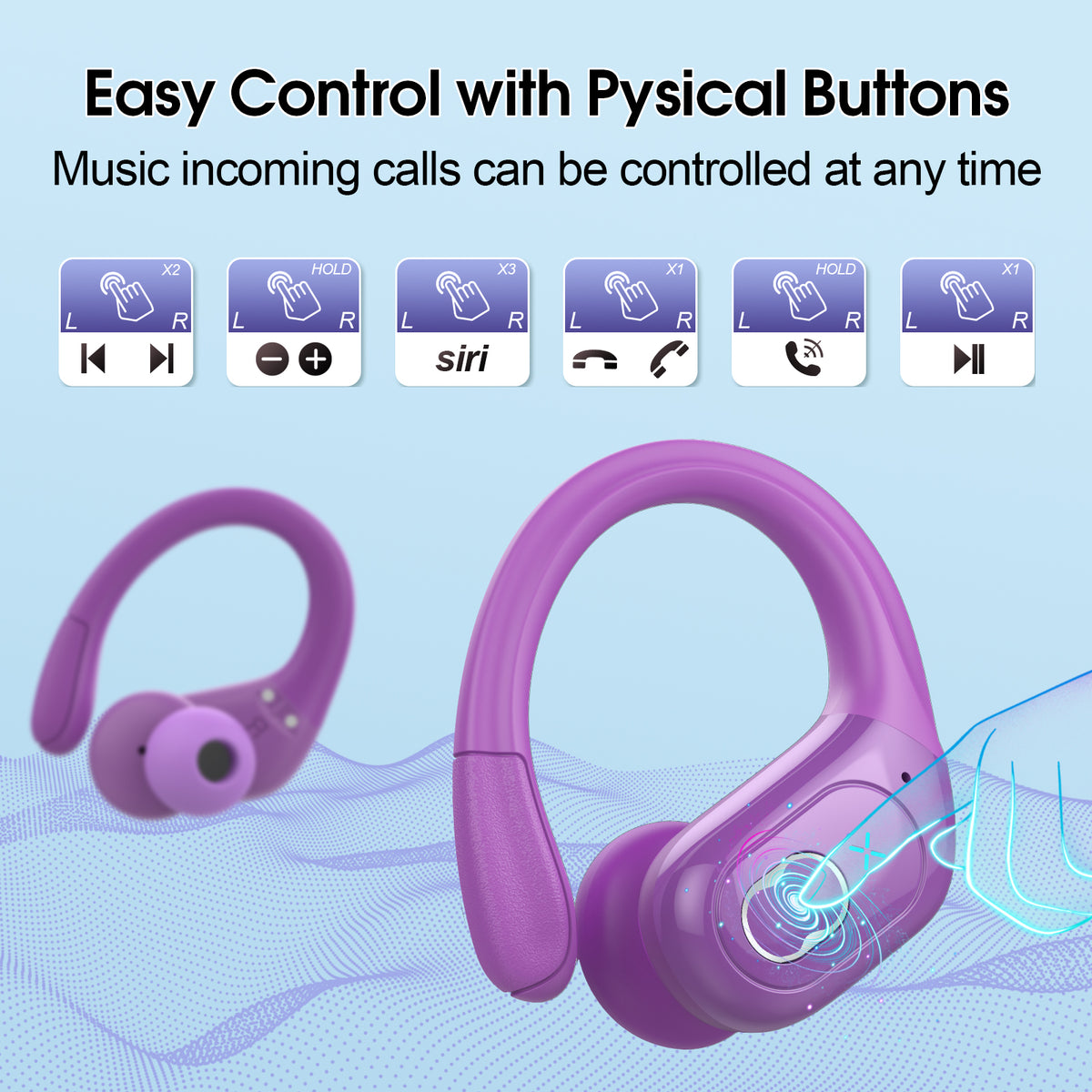 Wireless Earbuds 75H Bluetooth 5.4 Sport Headphones with Earhooks, Purple, IPX7 Waterproof In-ear Buds Feature ENC Noise Cancelling Mic & Deep Bass. Stereo Sound Device for Gym Running Workout
