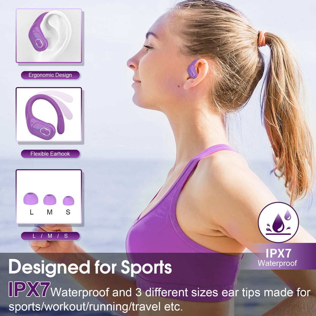 Wireless Earbuds 75H Bluetooth 5.4 Sport Headphones with Earhooks, Purple, IPX7 Waterproof In-ear Buds Feature ENC Noise Cancelling Mic & Deep Bass. Stereo Sound Device for Gym Running Workout