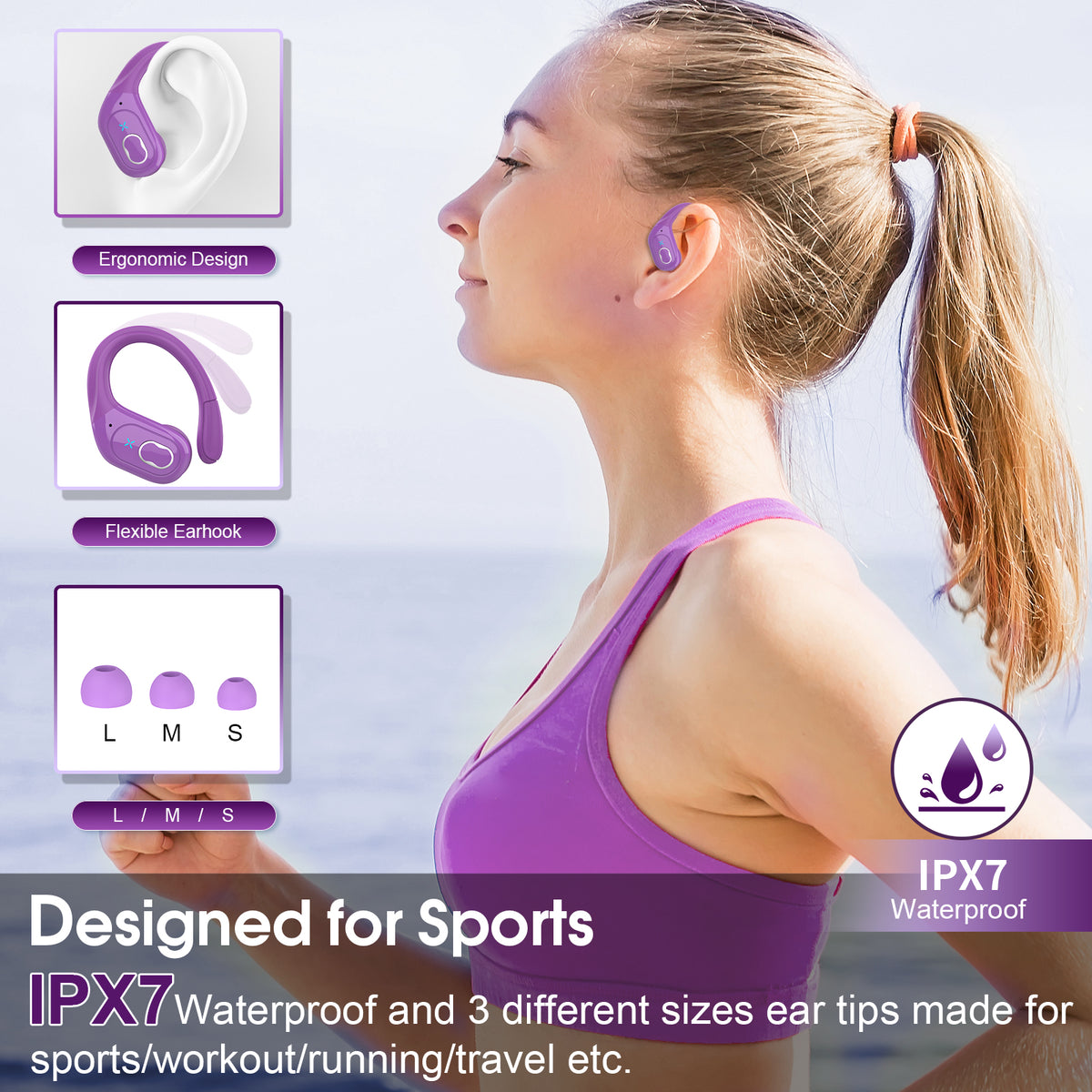 Wireless Earbuds 75H Bluetooth 5.4 Sport Headphones with Earhooks, Purple, IPX7 Waterproof In-ear Buds Feature ENC Noise Cancelling Mic & Deep Bass. Stereo Sound Device for Gym Running Workout