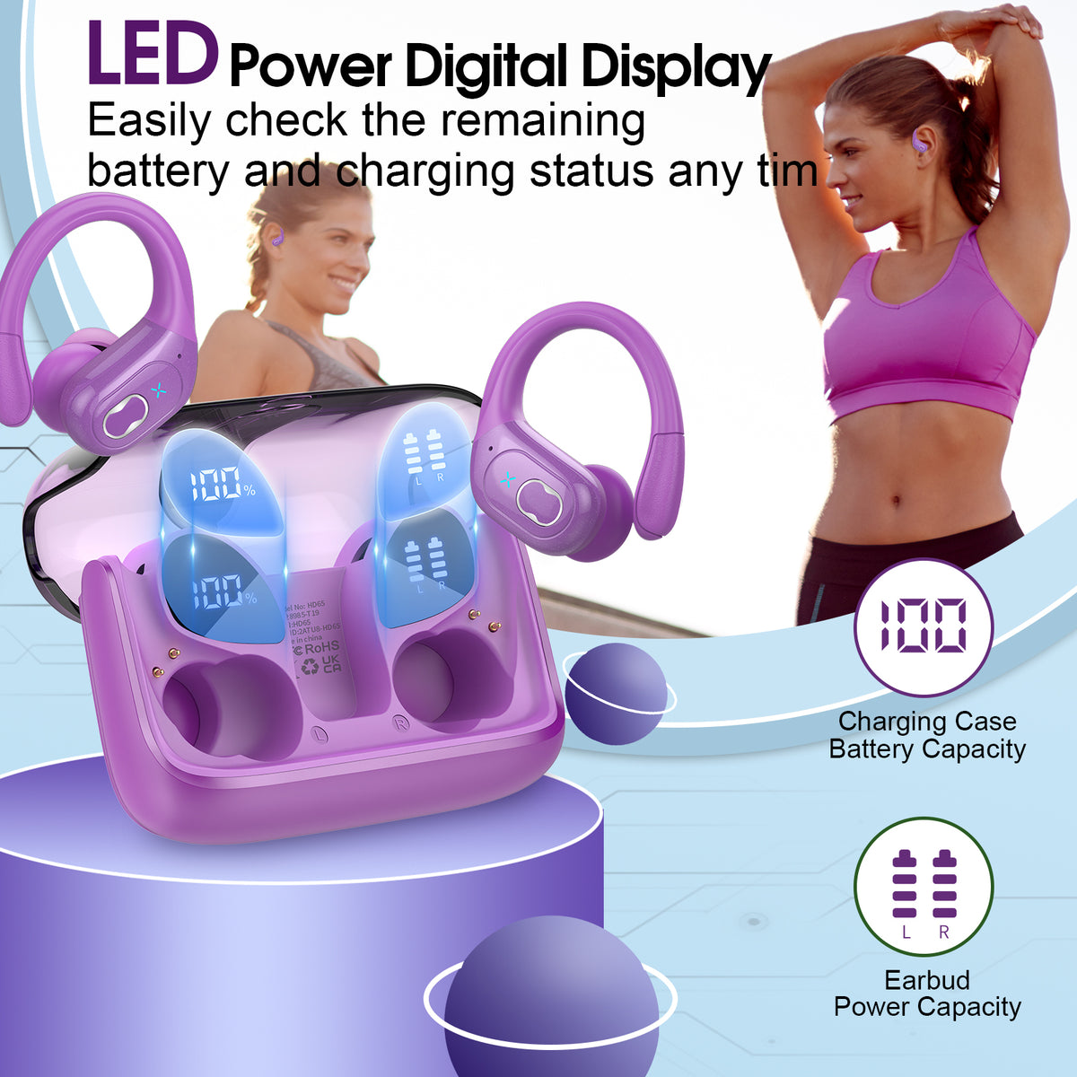 Wireless Earbuds 75H Bluetooth 5.4 Sport Headphones with Earhooks, Purple, IPX7 Waterproof In-ear Buds Feature ENC Noise Cancelling Mic & Deep Bass. Stereo Sound Device for Gym Running Workout