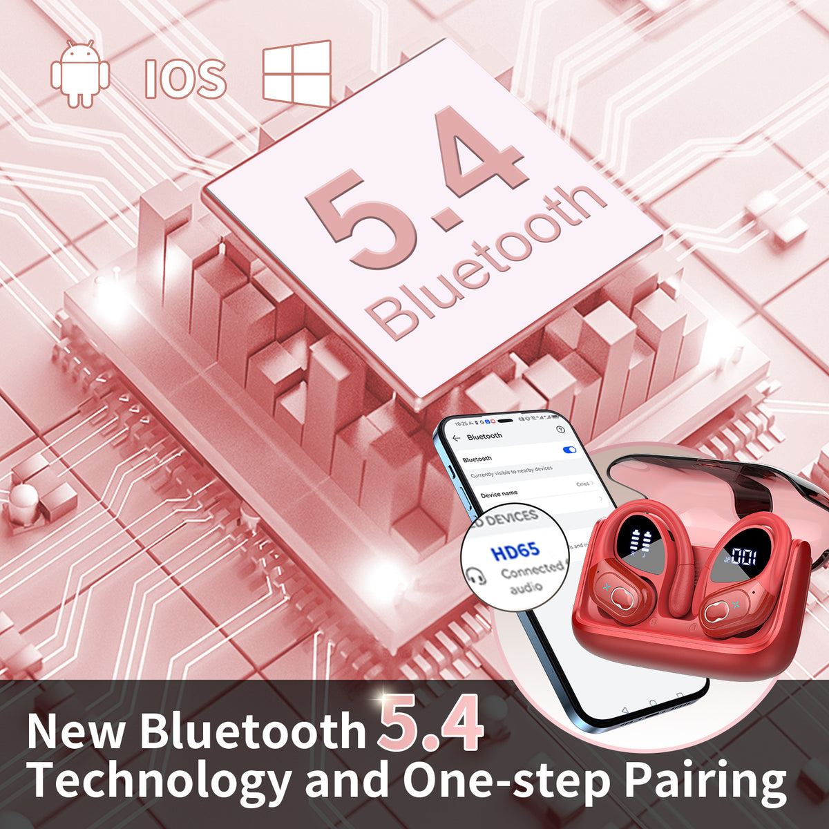 Wireless Earbuds 75H Bluetooth 5.4 Sport Headphones with Earhooks, Red, IPX7 Waterproof In-ear Buds Feature ENC Noise Cancelling Mic & Deep Bass. Stereo Sound Device for Gym Running Workout