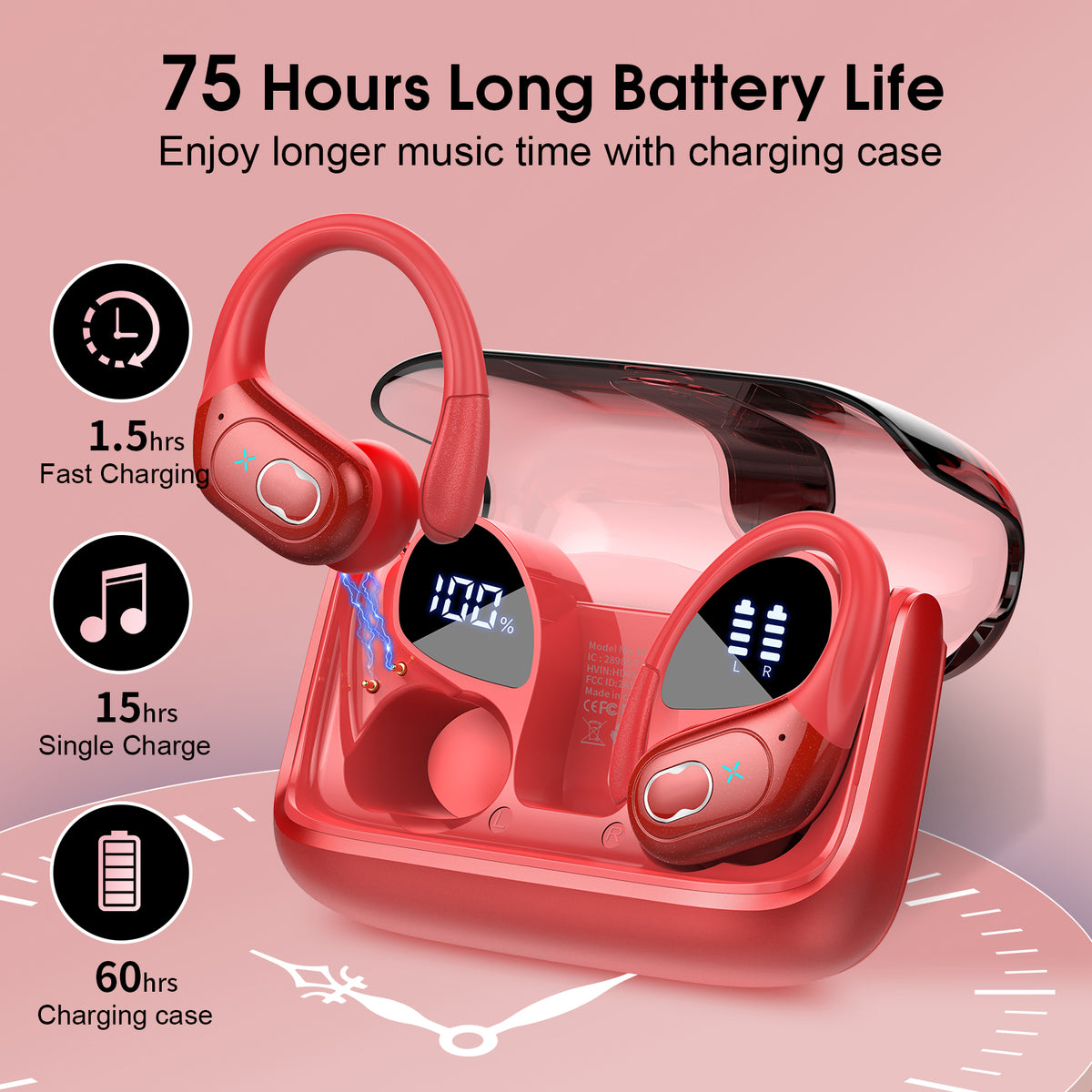 Wireless Earbuds 75H Bluetooth 5.4 Sport Headphones with Earhooks, Red, IPX7 Waterproof In-ear Buds Feature ENC Noise Cancelling Mic & Deep Bass. Stereo Sound Device for Gym Running Workout