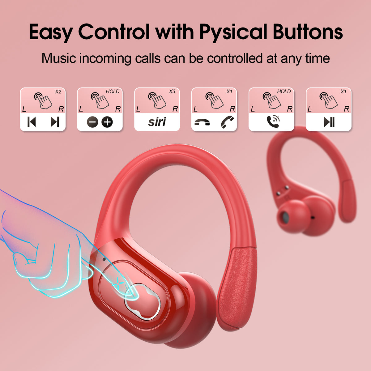 Wireless Earbuds 75H Bluetooth 5.4 Sport Headphones with Earhooks, Red, IPX7 Waterproof In-ear Buds Feature ENC Noise Cancelling Mic & Deep Bass. Stereo Sound Device for Gym Running Workout