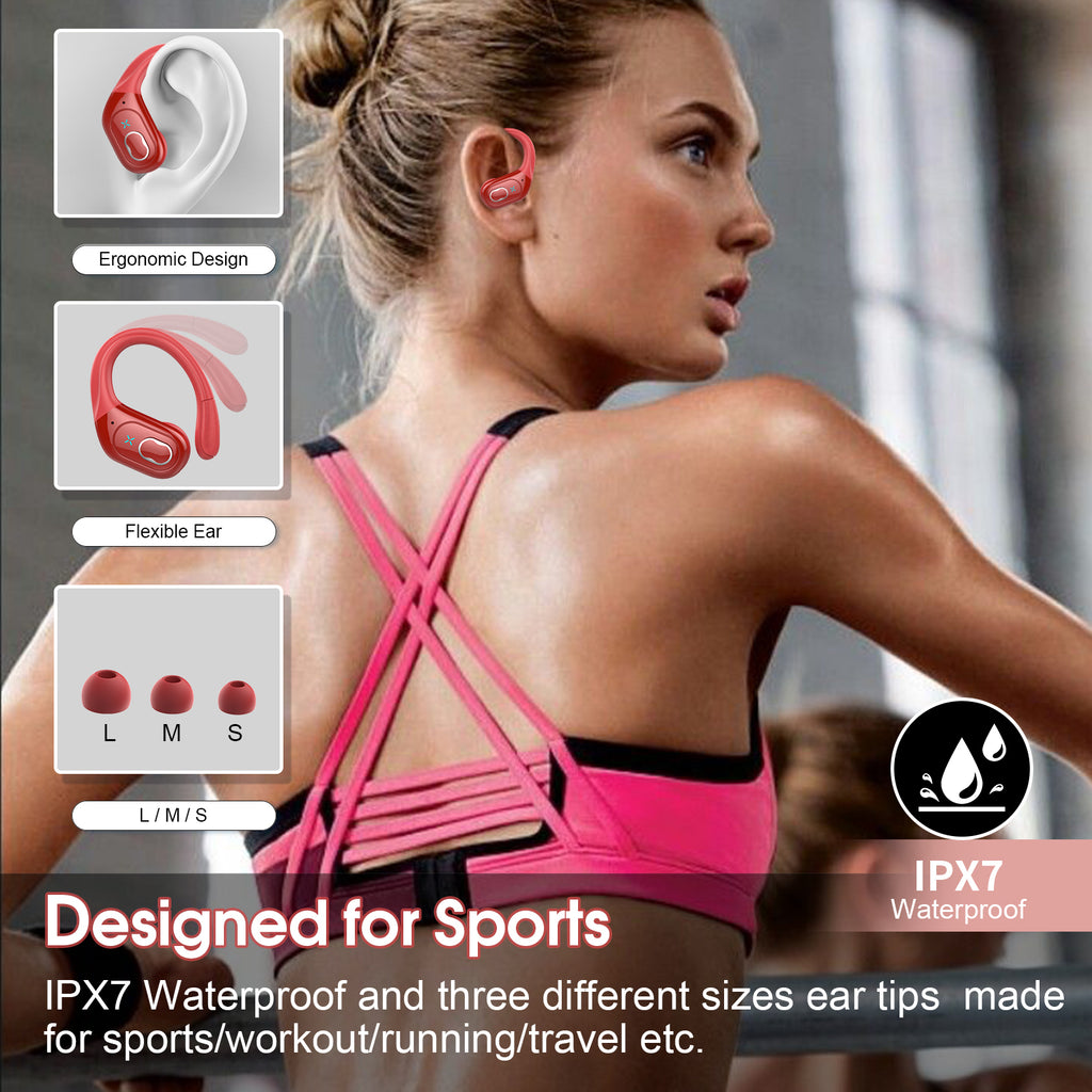 Wireless Earbuds 75H Bluetooth 5.4 Sport Headphones with Earhooks, Red, IPX7 Waterproof In-ear Buds Feature ENC Noise Cancelling Mic & Deep Bass. Stereo Sound Device for Gym Running Workout