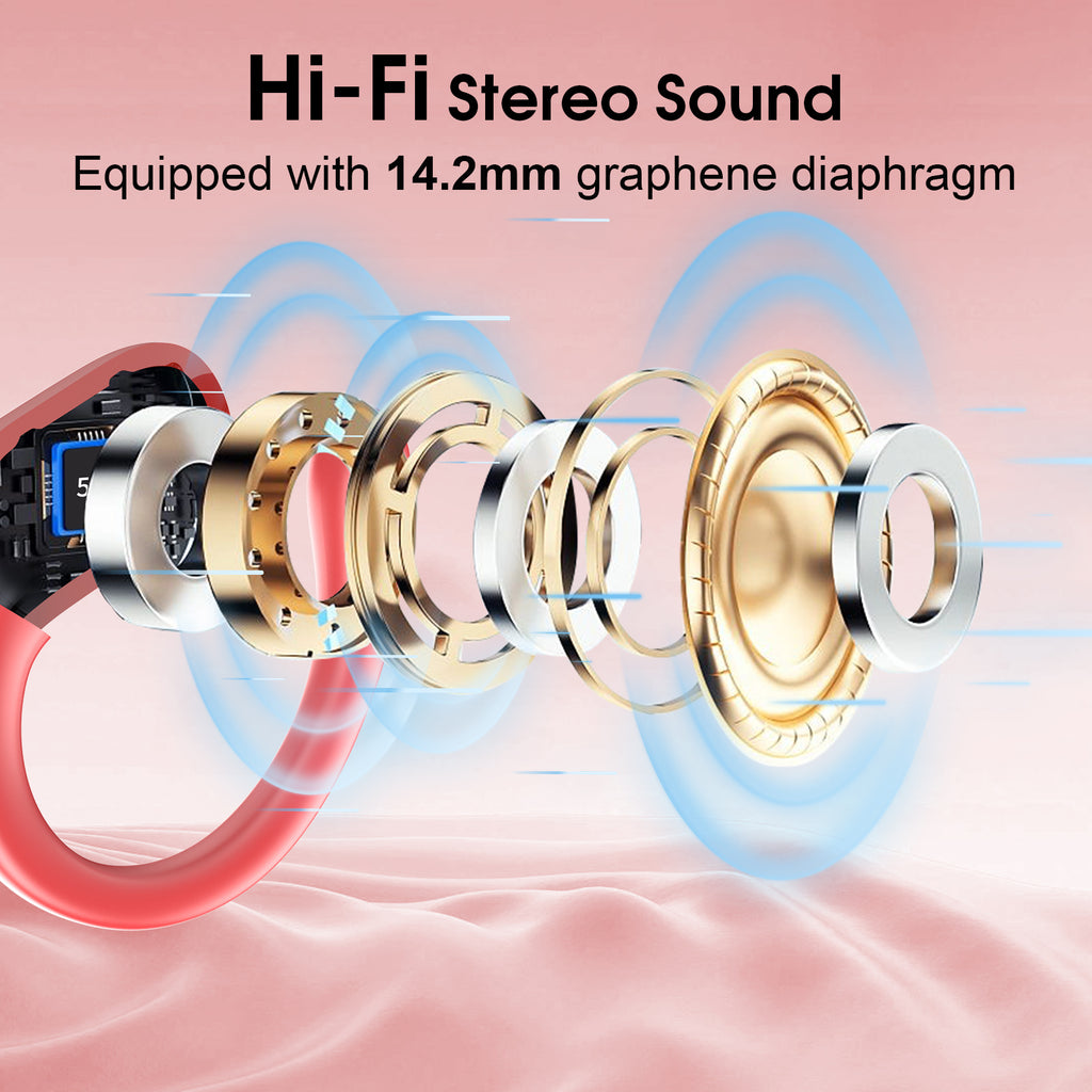 Wireless Earbuds 75H Bluetooth 5.4 Sport Headphones with Earhooks, Red, IPX7 Waterproof In-ear Buds Feature ENC Noise Cancelling Mic & Deep Bass. Stereo Sound Device for Gym Running Workout