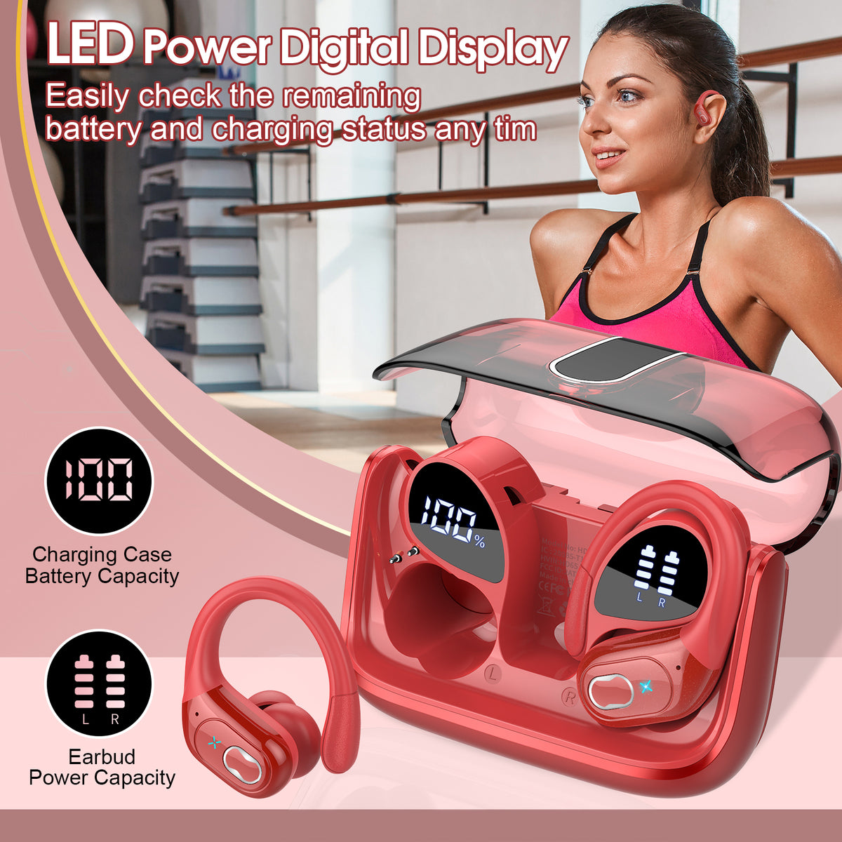 Wireless Earbuds 75H Bluetooth 5.4 Sport Headphones with Earhooks, Red, IPX7 Waterproof In-ear Buds Feature ENC Noise Cancelling Mic & Deep Bass. Stereo Sound Device for Gym Running Workout