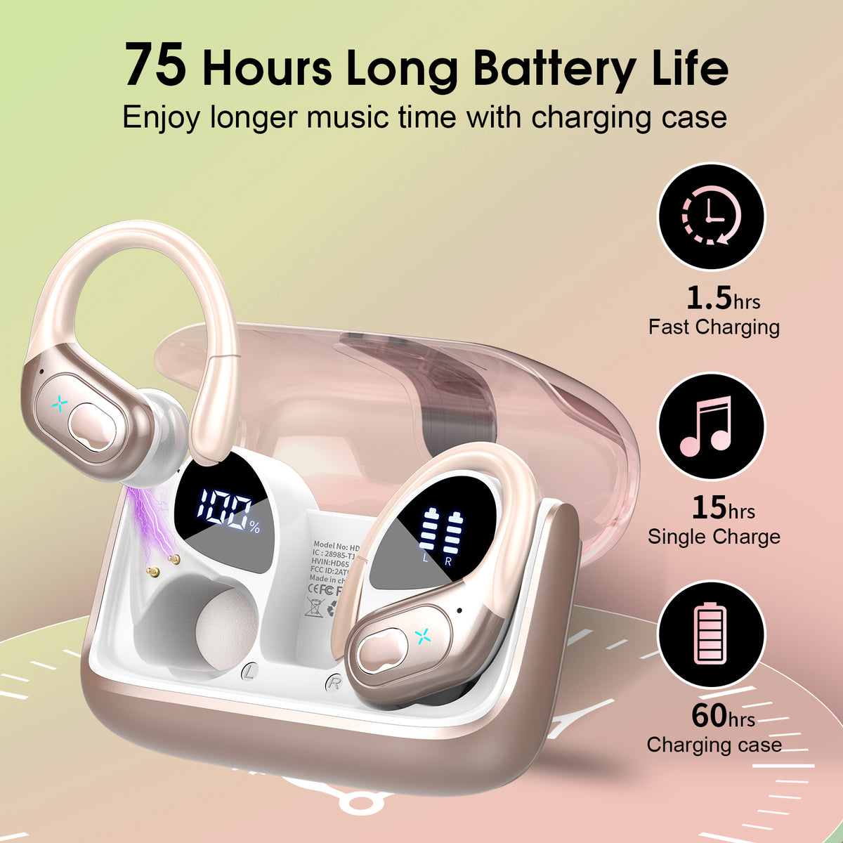Wireless Earbuds 75H Bluetooth 5.4 Sport Headphones with Earhooks, IPX7 Waterproof In-ear Buds Feature ENC Noise Cancelling Mic. Stereo Sound Device for Gym Running Workout, Rose Gold
