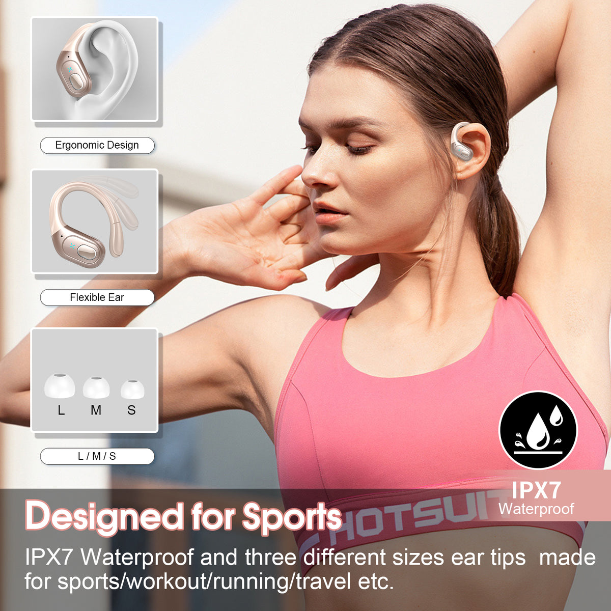 Wireless Earbuds 75H Bluetooth 5.4 Sport Headphones with Earhooks, IPX7 Waterproof In-ear Buds Feature ENC Noise Cancelling Mic. Stereo Sound Device for Gym Running Workout, Rose Gold