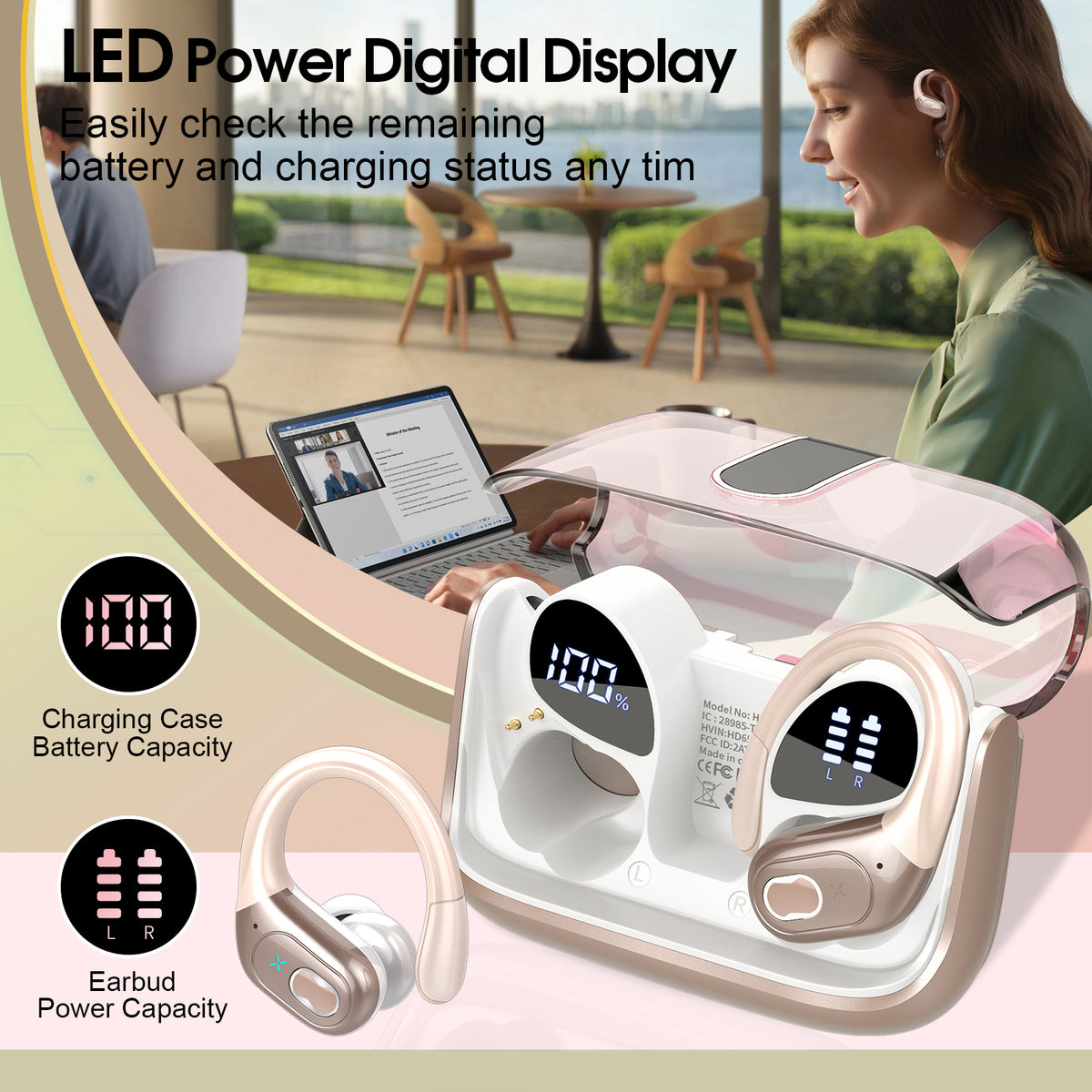 Wireless Earbuds 75H Bluetooth 5.4 Sport Headphones with Earhooks, IPX7 Waterproof In-ear Buds Feature ENC Noise Cancelling Mic. Stereo Sound Device for Gym Running Workout, Rose Gold