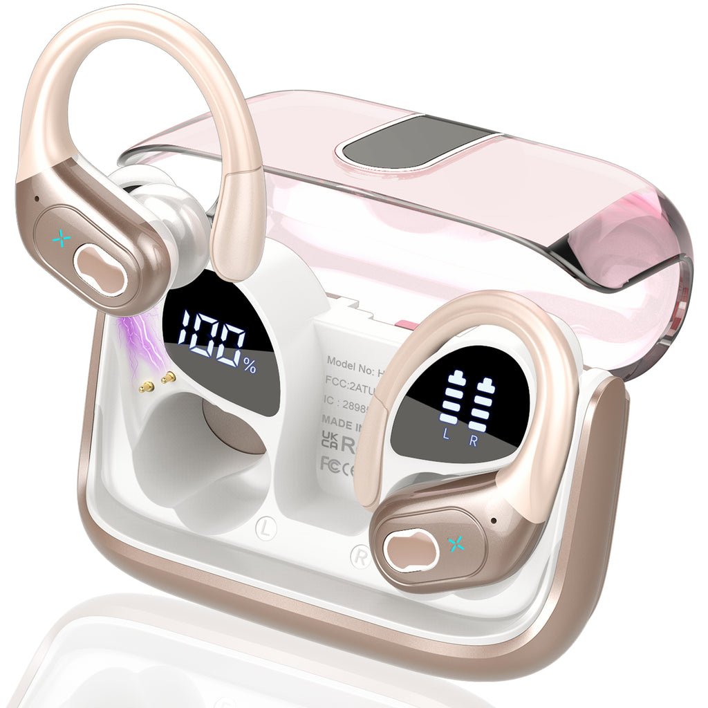 Wireless Earbuds 75H Bluetooth 5.4 Sport Headphones with Earhooks, IPX7 Waterproof In-ear Buds Feature ENC Noise Cancelling Mic. Stereo Sound Device for Gym Running Workout, Rose Gold