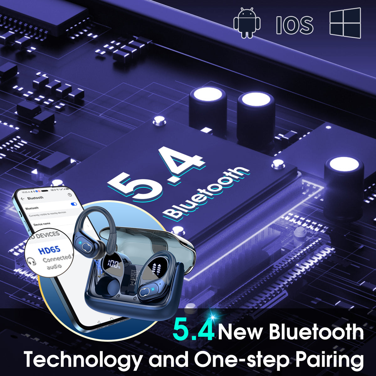 Wireless Earbuds 75H Bluetooth 5.4 Sport Headphones with Earhooks, IPX7 Waterproof In-ear Buds Feature ENC Noise Cancelling Mic. Stereo Sound Device for Gym Running Workout, Royal Blue