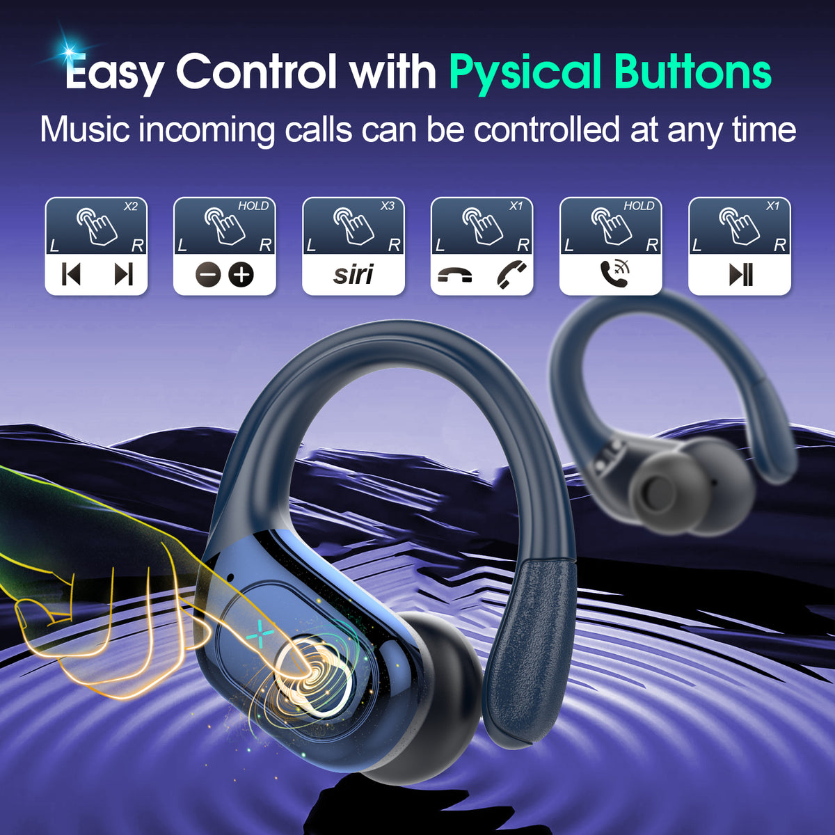 Wireless Earbuds 75H Bluetooth 5.4 Sport Headphones with Earhooks, IPX7 Waterproof In-ear Buds Feature ENC Noise Cancelling Mic. Stereo Sound Device for Gym Running Workout, Royal Blue