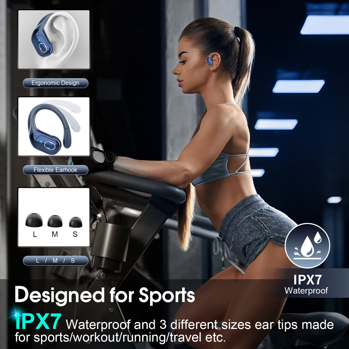 Wireless Earbuds 75H Bluetooth 5.4 Sport Headphones with Earhooks, IPX7 Waterproof In-ear Buds Feature ENC Noise Cancelling Mic. Stereo Sound Device for Gym Running Workout, Royal Blue