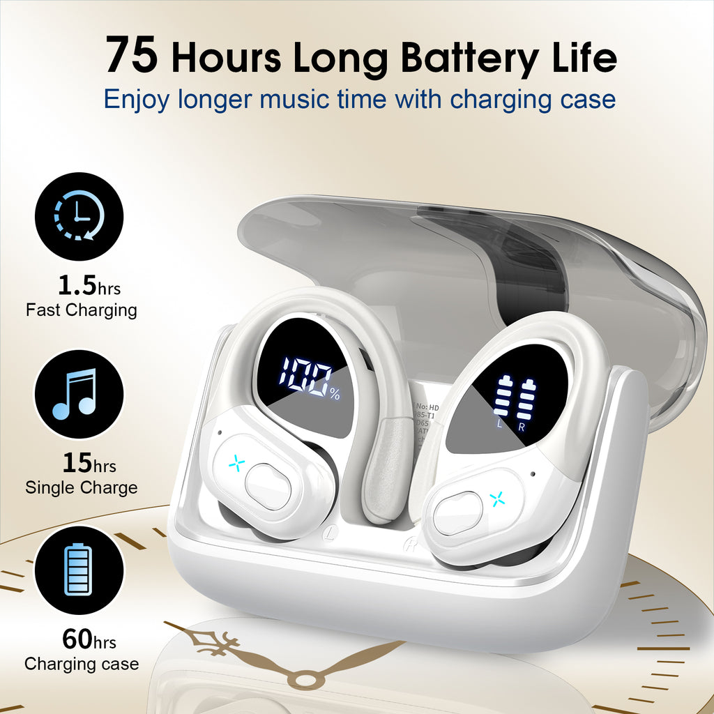 Wireless Earbuds 75H Bluetooth 5.4 Sport Headphones with Earhooks, White, IPX7 Waterproof In-ear Buds Feature ENC Noise Cancelling Mic & Deep Bass. Stereo Sound Device for Gym Running Workout