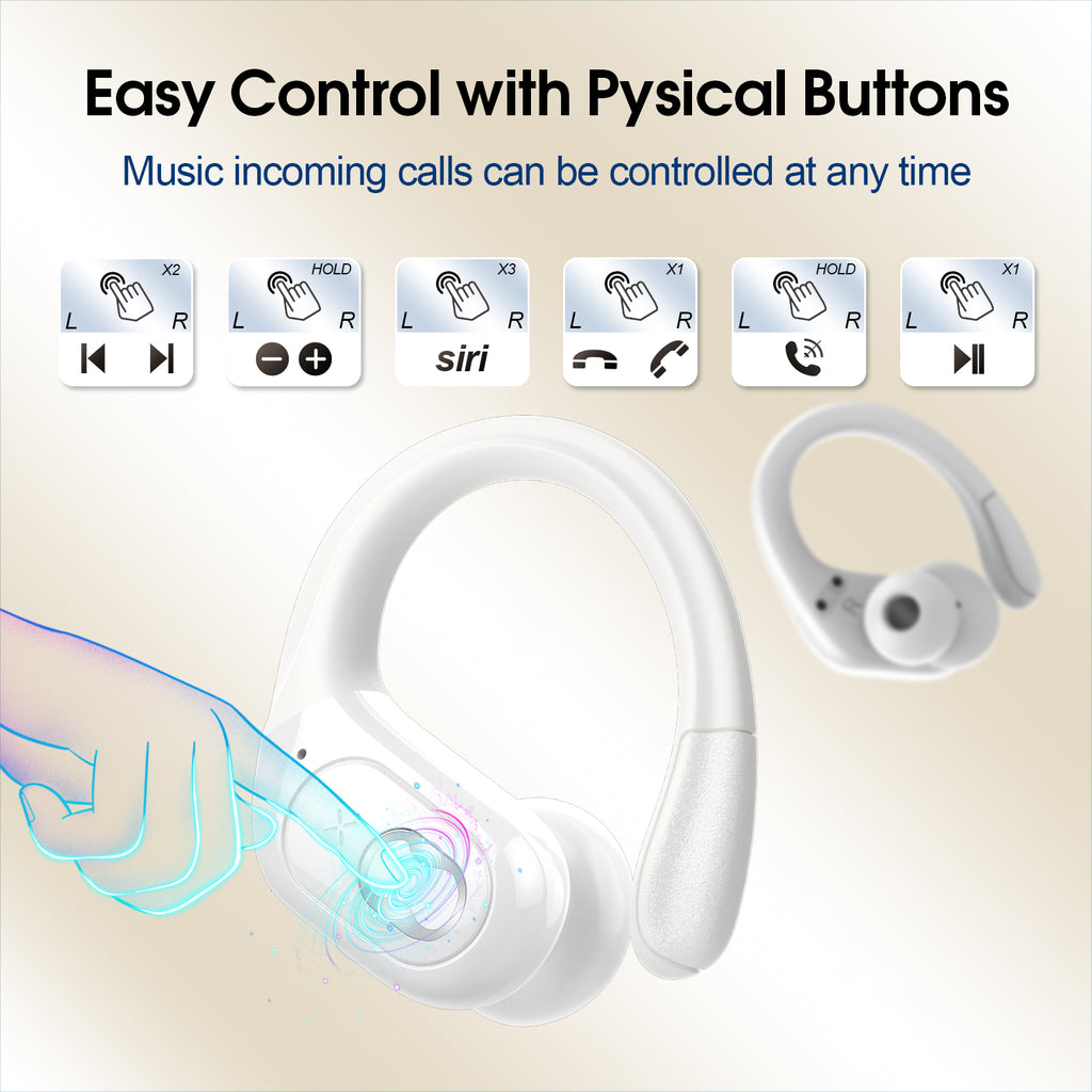 Wireless Earbuds 75H Bluetooth 5.4 Sport Headphones with Earhooks, White, IPX7 Waterproof In-ear Buds Feature ENC Noise Cancelling Mic & Deep Bass. Stereo Sound Device for Gym Running Workout