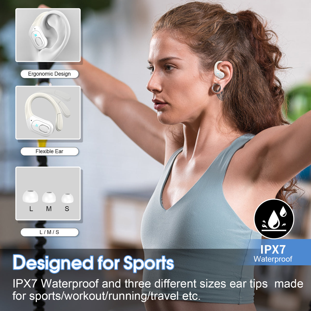 Wireless Earbuds 75H Bluetooth 5.4 Sport Headphones with Earhooks, White, IPX7 Waterproof In-ear Buds Feature ENC Noise Cancelling Mic & Deep Bass. Stereo Sound Device for Gym Running Workout