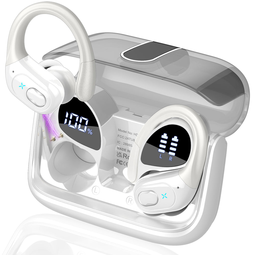 Wireless Earbuds 75H Bluetooth 5.4 Sport Headphones with Earhooks, White, IPX7 Waterproof In-ear Buds Feature ENC Noise Cancelling Mic & Deep Bass. Stereo Sound Device for Gym Running Workout
